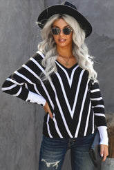 Chevron V-Neck Button Cuff Sweater - Shah S. Sahota